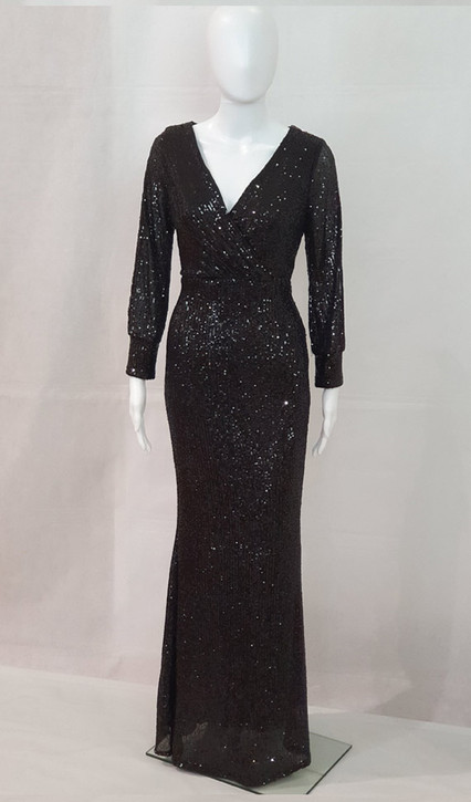 Black stretch sequin v-neck gown with slit sleeves - Image 1