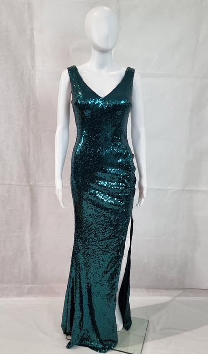 Stretch sequin evening dress with side split - Image 1