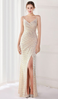 Sparkly nude pearl wrap gown with side split - Image 1