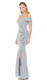 SILVER STRETCH JERSEY OFF SHOULDER RUFFLE DETAIL GOWN - IMAGE 1