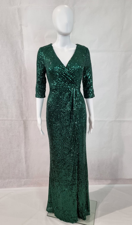 EMERALD STRETCH SEQUIN WRAP AROUND GOWN WITH ELBOW SLEEVE -IMAGE 1