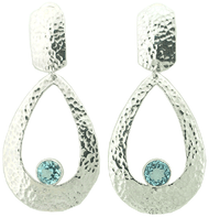 Hammered Pear Shape Dangle Clip-on Earring with Round Blue Topaz in Sterling Silver