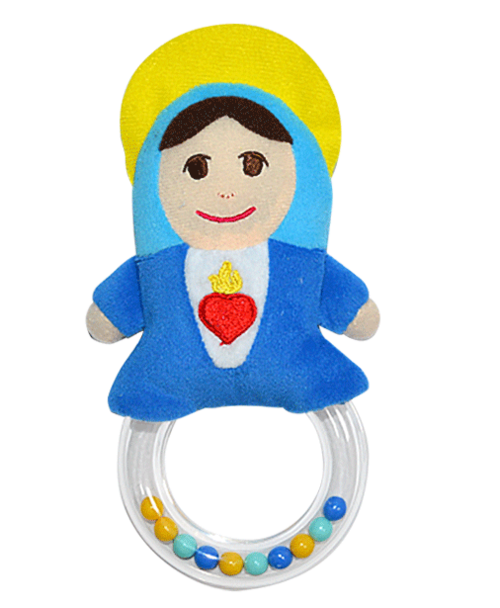 Mother Mary Pray for Us Plush Rattle~Teaching our children to love our Mother Mary in a fun and playful way will forever benefit their faith journey.  The Mother Mary Pray for Us Rattle is a devotional toy that invites teaching moments, sanctifies play and encourages devotion to Jesus, through Mary, from an early age.

There is only one Mary…

The Mother Mary Rattle is a unique one-of-a-kind gift for baby showers, infant baptisms, holidays, or the “just because I Love You” gift.

Product Features:

High quality vibrant colored plush doll
Colorful rattle beads enclosed in clear plastic doughnut for tactile stimulation and entertainment.
Safety tested for ages 0 and up.
Measurements:  Approximately 7” tall and 3 ¾” wide.
 
