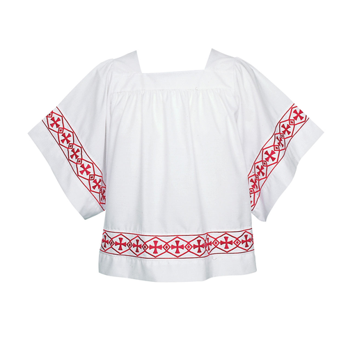 Square Neck Banded Surplice, 113B as a cross design orphrey comes in several colors.  Please specify: Red, Black, Purple, or Gold. Banded items are non returnable!