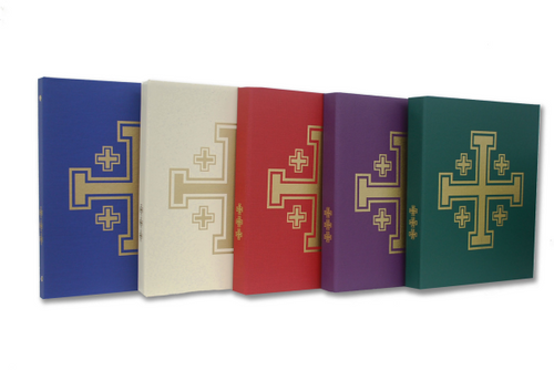 Clothbound ceremonial binder with 1.5" spine. Front, back and sides embossed with gold Jerusalem Crosses. 2 vinyl inner pockets. Made in the U.S.A.