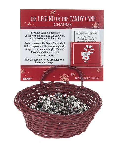 The Legend of the Candy Cane Charm is made of Zinc. the Charm measures 5/8"W x 1"H.  The Candy Cane charm comes with a card telling the story of the colors mean and shape of the candy cane mean