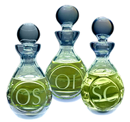 Lead Crystal  chrismal set. Includes 3 pieces, etched with "OI", "OS", "SC".   Height: 6-1/2".  Capacity: 6.5 oz (each).