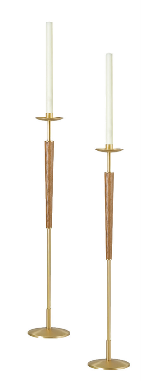 Pair of Processional Candlesticks Style 1643 - Shafts made from brass with bronze lacquer. Wood in medium wood stain. 8-7/8" base, 42" inch Height. Comes with sockets to accomodate 1-1/2" Altar Candles. MADE IN THE USA