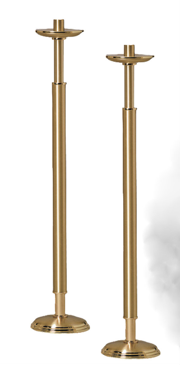 Processional Candlestick - Style 1693 - Hand crafted with combination of satin and polished brass finish then protected with a bronze lacquer. 42" inch Height. Comes with sockets to accomodate 1-1/2" Altar Candles. Candlestick breaks above node for processional use. Sold in Pairs.