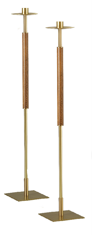 Processional Candlesticks Style 1871 - Shafts made from brass with bronze lacquer. Wood accents in medium wood stain. Square steel bases are gold powder coated. 43"H. Comes with sockets to accomodate 1-1/2" Altar Candles. If you desire another size please contact us at 1 800 523 7604.  Made in the USA
