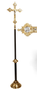 Image of a processional cross with a silver and gold polished Crucifix on a staff that's powder-coated with a black-and-gold vein finish.