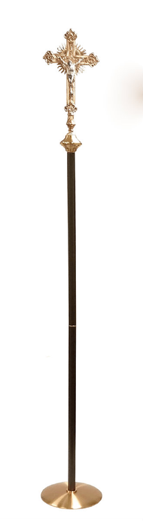 Processional Cross 2910.  The Crucifix, measuring fifteen inches high, features a six-inch Corpus on a budded cross with a node at the transition to the shaft.  The shaft measures eighty-eight inches high with a durable black and gold vein powder-coat finish.  The Crucifix rests on a weighted brass base measuring twelve inches in diameter.
