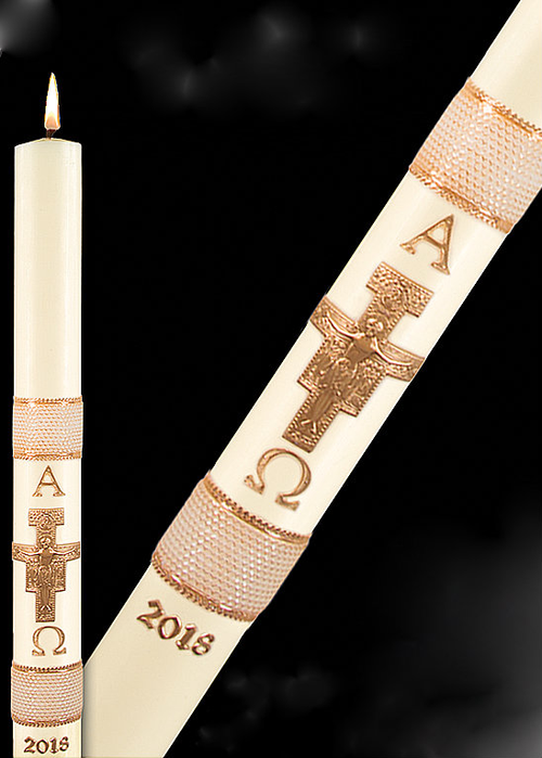 The Holy Cross of San Damiano Candle displays outstanding craftsmanship and adherence to the highest standards of design and artistic talent. Many of the paschal candles  have the design embossed into the candle and are then hand painted. No appliques to cause burner hang up. Paschal nails are included with all candles. Matching side candles are also available. Made in the USA!!  Made of 51% beeswax, which insures excellent burning qualities, each pattern is fashioned entirely by hand from first step to last. 