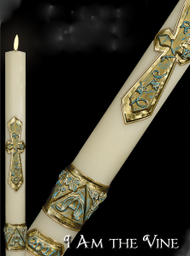 The I am the Vine Paschal Candle displays outstanding craftsmanship and adherence to the highest standards of design and artistic talent. Many of the paschal candles  have the design embossed into the candle and are then hand painted. No appliques to cause burner hang up. Paschal nails are included with all candles. Matching side candles are also available. Made in the USA!!  Made of 51% beeswax, which insures excellent burning qualities, each pattern is fashioned entirely by hand from first step to last. 