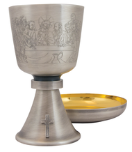 Chalice with Last Supper Engraved Design, A-2026s, Oxidized Silver finish, 16 ounce, 7" high, 6 1/8" Bowl Paten included.