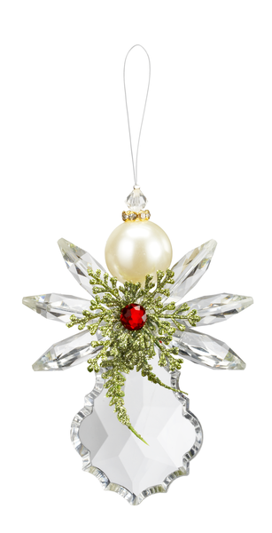 Pearl Angel Ornament. The Pearl Angel Ornament is 4 12"H. The Pearl Angel Ornament is made of acrylic. Angel is adorned with a greens and a red jewel.  Pearl Angel Ornament has a 3" loop for easy hanging. 