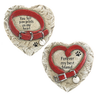 Pet Memorial Heart Stones. Pet Memorial Heart Stones are made of cement. Memorial stones measure: 51/2" W. x 1/2" D. x 55/8" H.  Choose "You left paw prints on my Heart" or "Forever my Best Friend" Memorial Pet Stone. 