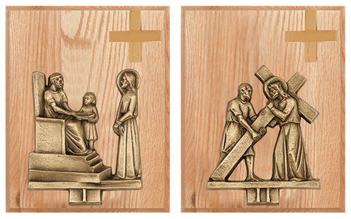 14 Cast Stations of the Cross in Statuary Bronze or 24K Gold plated. Mounted on 8" x 10" Oak finish plaques with small cross.