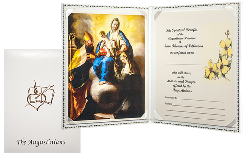 SYMPATHY CARD (DELUXE PADDED)
Suggested donation: $25.00
Size: 8.75 x 6.5
This sympathy card features Our Mother of Consolation which has been the principal devotion to Mary within the Augustinian Order since the 17th Century. Its origin among the Augustinians is directly tied to the life of Saints Monica and Augustine.