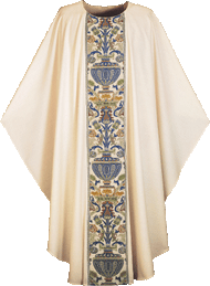 Chasuble in Dupion fabric (made of 70% man-made fibers and 30% viscose) with Regina orphreys, a multi-colored brocade. Width 59", length 53". " Chasuble comes with a plain neckline.  Choose Regina brocade fabric:  white/red, white/green, white/purple or white/blue. This item is imported from Europe. Please supply your Institution’s Federal ID # as to avoid an import tax. Please allow 3-4 weeks for delivery if item is not in stock.