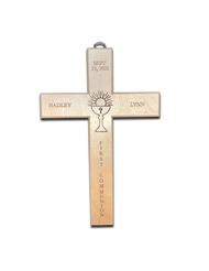Personalized 10 1/2" x & 6"W Wall Cross. Cross is personalized with child's first and middle names, and First Communion date. A Chalice and Host symbol is in engraved in the middle of the cross. Underneath the host and chalice symbol the cross is inscribed with "First Communion". A hook is attached at the top of the cross for easy hanging. These are special order, please allow 4 weeks for delivery. Personalized items are not returnable