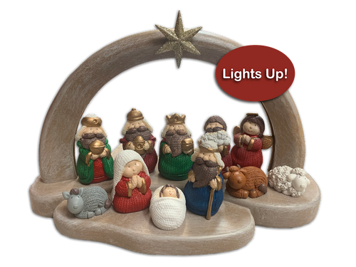 11 piece nativity set for children. Star at the top lights up. Needs 2 AAA batteries (not included). Made of a resin-stone mix.  