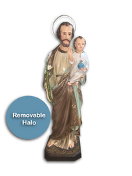 Saint Joseph w/ Child Statue with Gold Highlights and Removable Halo. Resin/Stone Mix. Patron Saint of Families and Carpenters Dimensions: 24"H x 7"W x 7"D. Fiberglass. Made in Peru