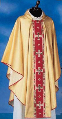 Chasuble 823/A3-62.5" x 51"  Lame' Oro Material. 40% Polyester, 35% Wool, 25% Gold Thread. Banding on the Front and Back. Also Available: Matching Stole, Dalmatic, Deacon Stole, Cope, Humeral Veil and Mitre. These items are imported from Europe. Please supply your Institution’s Federal ID # as to avoid an import tax.  Please allow 3-4 weeks for delivery if item is not in stock
