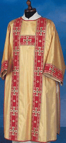 60" x 47" 40% Polyester, 35% Wool, 25% Gold Thread, Lame' Oro Material. Banding on the Front and Back. Also Available: Matching Chasuble, Stole, Deacon Stole, Cope, Humeral Veil and Mitre. These items are imported from Europe. Please supply your Intitution’s Federal ID # as to avoid an import tax. Please allow 3-4 weeks for delivery if item is not in stock