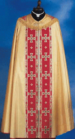 56" in Length. Lame' Oro Material. 40% Polyester, 35% Wool, 25% Gold Thread. Banding on the Front and Back. Also Available: Matching Chasuble, Stole, Dalmatic, Deacon Stole, Humeral Veil and Mitre: These items are imported from Europe. Please supply your Institution’s Federal ID # as to avoid an import tax.  Please allow 3-4 weeks for delivery if item is not in stock