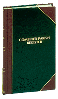 Baptism, Confirmation, Communion, Marriage, & Death all in one register. 200 Records of Marriage, 400 each for Baptism, Confirmation, Communion, & Death. 120 pages plus index. Standard Size: 9" x 14", 2500 records, Bond in green Spanish grain sides, with  red sturdiflex cornersand back. Gold stamped leather tabs locate each section , Permalife paper.