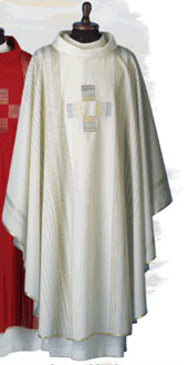 Chasuble 860 in White ~ Buy 4 and get the 5th one FREE! Choose any 4 Chasubles and get the 5th one free...any color  combination! Chasuble in Linea Style Fabric Embroidered in Gold & Silk Threads. Available in all Liturgical Colors including White, Green, Red, Rose & Purple. Please specify color when ordering. Also available: Matching  Overlay Stole, Dalmatic with Matching Stole,and Mitre (not pictured).  These items are imported from Europe. Please supply your Institution’s Federal ID # as to avoid an import tax. Please allow 3-4 weeks for delivery if item is not in stock

 