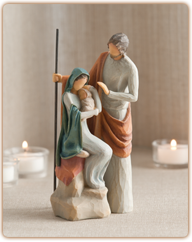 A Child is Born ~ An intimate rendering of the holy family, measuring 7.5" tall.  This one-piece sculpture is ideal for those with limited display space, or who wish to display a nativity year-round.