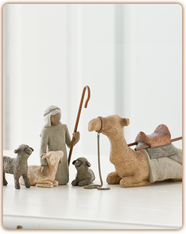 Surrounding New Life with Love and Warmth. This carved four-piece animal set of shepherd, camel, two sheep, and goat, complements the scale of the classic six-piece Nativity. The tallest figure stands 7.5 inches tall.