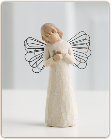 This angel brings healing and comfort with care and tenderness to those who need it most.  She cradles a small bird symbolizing comfort, protection, and healing. Figure stands 5 inches tall.