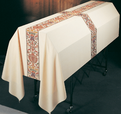 Funeral Pall is made of Dupion Fabric,  a knotted yarn dyed fabric in beige or white and is adorned with orphrey in Regina, a multicolored brocade. Two Sizes: 6' x 10' to cover casket only;  8' x 12' to cover casket and carriage. Finished with rounded corners to prevent soiling of pall.  These items are imported from Europe. Please supply your Institution’s Federal ID # as to avoid an import tax.  Please allow 3-4 weeks for delivery if item is not in stock.