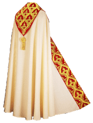 Hand embroidered, unlined Cope in Cantate, a structured fabric with gold threads woven into the material made of 99% wool and 1% gold threads. Motif inspired by the Ursula Shrine by Memling. Inside stole is not included in price. Standard length, 57" will be provided if not specified. Matching Mitre and Stole are available for purchase separately. These items are imported from Europe. Please supply your Institution’s Federal ID # as to avoid an import tax.  Please allow 3-4 weeks for delivery if item is not in stock.

 