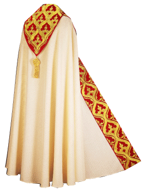 Hand embroidered, unlined Cope in Cantate, a structured fabric with gold threads woven into the material made of 99% wool and 1% gold threads. Motif inspired by the Ursula Shrine by Memling. Inside stole is not included in price. Standard length, 57" will be provided if not specified. Matching Mitre and Stole are available for purchase separately. These items are imported from Europe. Please supply your Institution’s Federal ID # as to avoid an import tax.  Please allow 3-4 weeks for delivery if item is not in stock.

 