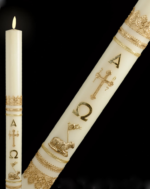Candles display outstanding craftsmanship and adherence to the highest standards of design and artistic talent. Many of the paschal candles  have the design embossed into the candle and are then hand painted. No appliques to cause burner hang up. Paschal nails are included with all candles. 