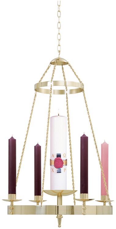 Hanging Advent Wreath comes in a  Brass two-tone finish. Dimensions are: 36"H, 25"W, with 1-1/2" sockets. 4 ft. of 1-1/2" link chain included. Candles sold separately
