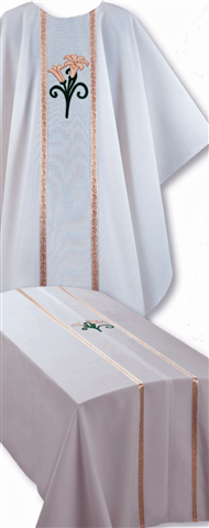 Chasuble with Lilly Design on front. Matches Funeral Pall FP68319A. Design can be added to back of chasuble at an additional charge. Standard and Ample Sizes