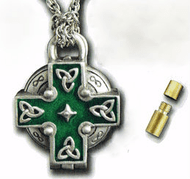 Celebrate the life of your loved one and keep him or her close with this lovely 1" Celtic Cross Memorial Locket Necklace, on a  24" chain. The locket is decorated with a sparkling green cross embellished with Celtic Knots. Inside of the locket is a solid brass urn to contain the ashes of your loved one. Comes with message card that reads: "In Loving Memory - May the solid brass urn contained in this locket, hold the ashes of your loved one, keeping their memory close to your heart and bringing you comfort."