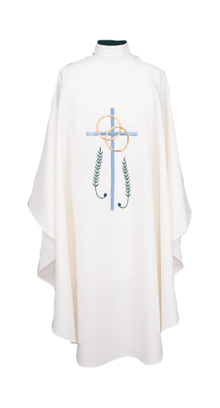 Ample cut (60"W x 52"L), lightweight, textured fortrel polyester-linen weave.  Multicolor Swiss Schiffli Embroidery on front only or front and back. Self lined stole is included with each chasuble. Available with roll collar at an addtional cost.