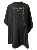 Black chemical cape showing logo position for custom capes