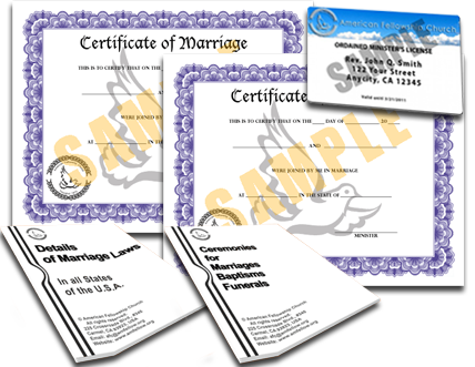 Full Marriage Package 1 ID Card one year Minister License 2 Marriage Certificates 1digital copy Details of Marriage Laws 1digital copy Ceremonies