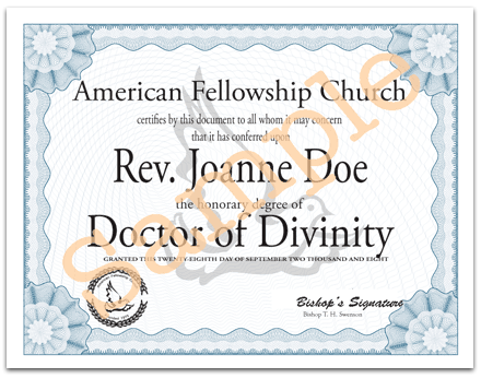 Example of Online Doctor of Divinity Degree available from the American Fellowship Church
