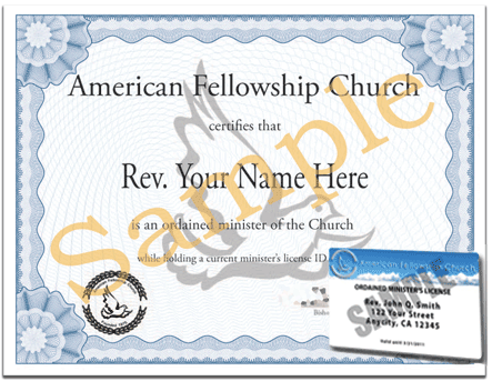 Ordination Certificate and 5 year ID Card Minister License