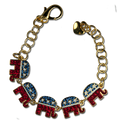 Red, White and Blue Crystals with White Enamel Stars adorn this 5 elephant bracelet in the shape of the Republican logo. Just in time for election season!