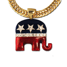 The Republican logo neckslide in red and blue enamel with diamond-like Swarovski crystals. (Goldplate, 1"H x 1"W). Chain sold separately.