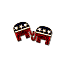 Republican logo earrings in red and blue enamel , white enamel stars and gold-plate. (05"W x 0.5"H)